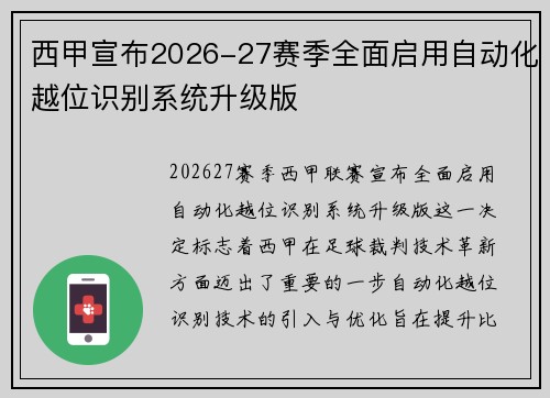 西甲宣布2026-27赛季全面启用自动化越位识别系统升级版